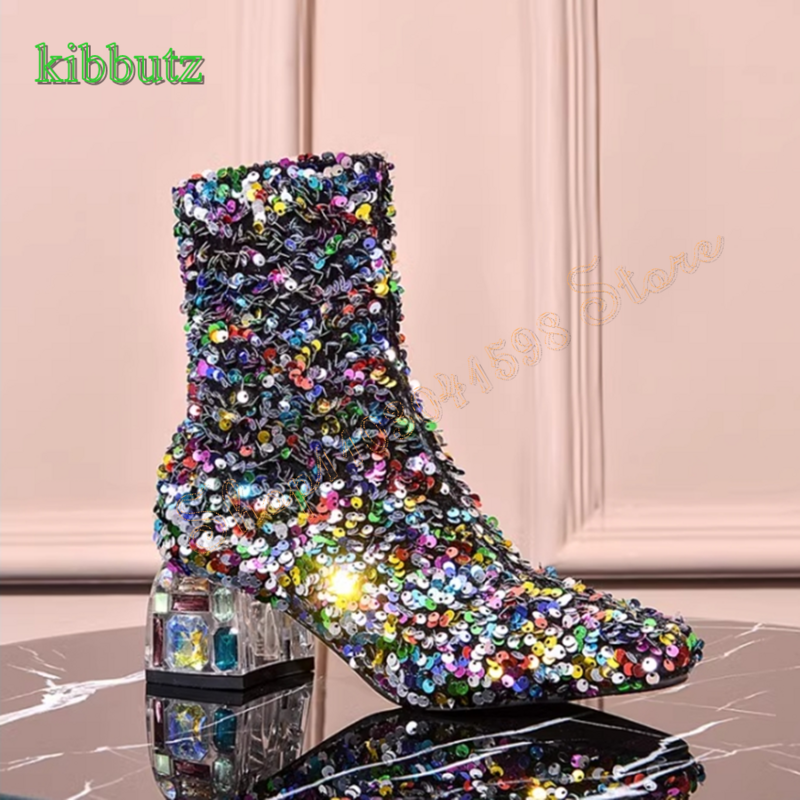 BlingBling sepatu bot payet untuk wanita, sepatu bot hak tebal kristal jari lancip, sepatu pesta pernikahan, Zapatos Para mujue baru 2023