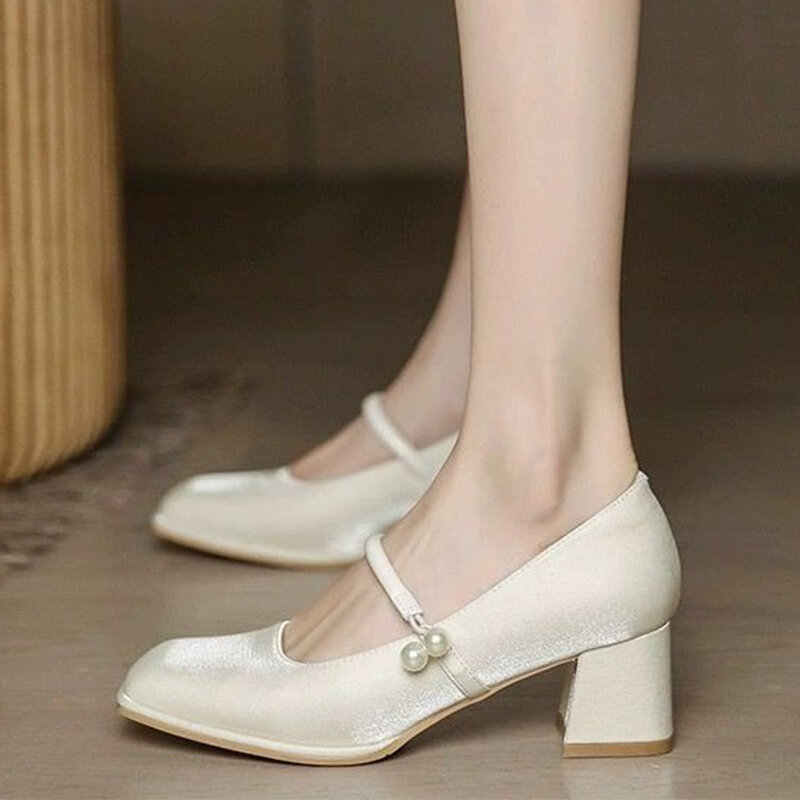 Mid Heels Mary Jane Shoes Women Shallow Square Toe Chunky Sadnals 2024 New Summer Dress Shoes Pumps Lolita Elegant Mujer Shoes