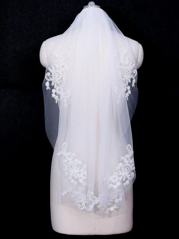 Classic Lace Flower Rhinestone Elbow Bridal Veil Soft Tulle White Wedding Veils