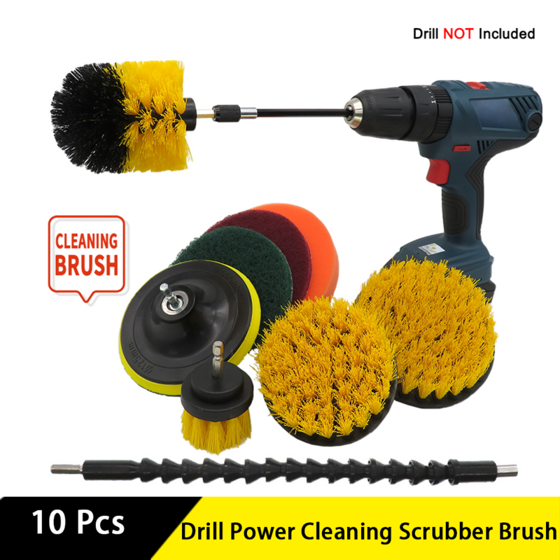 10Pcs Drill Power Cleaning Scrubber Brush Attachment Kit with Backer and Extension for Bathroom Tub, Shower, Tile and Car