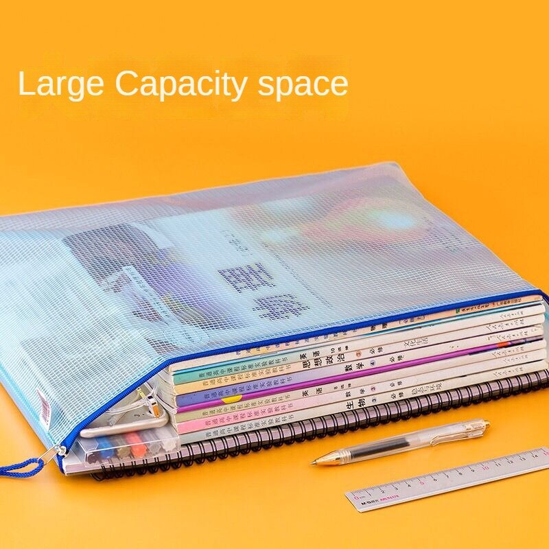 大容量透明メッシュジッパーバッグ、オフィスブックファイル、学生用品、厚さa3ファイル、テスト紙アーカイブバッグ