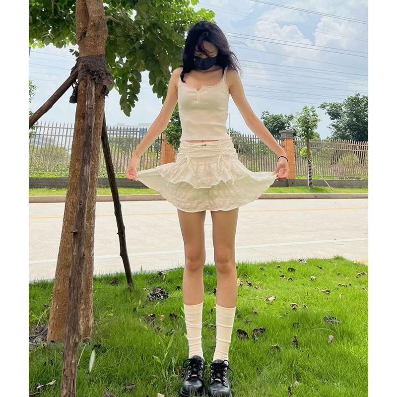 Deeptown-minifalda plisada con volantes Fairycore para mujer, Falda corta Kawaii de encaje blanco, a capas, moda coreana