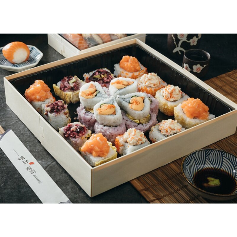 Caja de Sushi japonesa respetuosa con el medio ambiente, embalaje de madera personalizado con logotipo