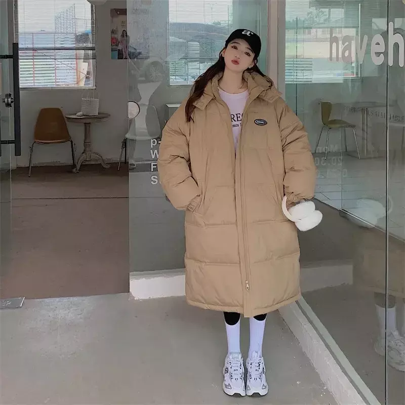 Zimowe nowe długi, z kapturem parki damskie koreańskie modne bawełniane kurtka pikowana Oversized Casual wiatroszczelny, gruby ciepły płaszcz 2024