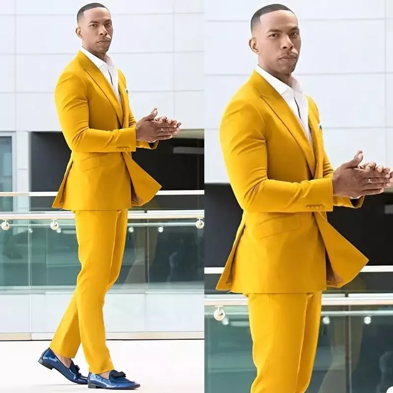 2024 Fashion Yellow Casual Men Suit High Street Slim Fit Blazer Hombre Prom Party High Quality Custom 2 Piece Set Costume Homme