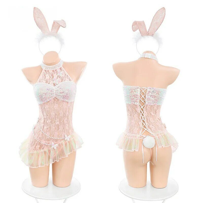 Sexy Bunny Girl Cosplay Costumes Women Shiny Lace Transparent Baby Doll Dress Erotic See Through Porn Bunny Girl Dress Costumes