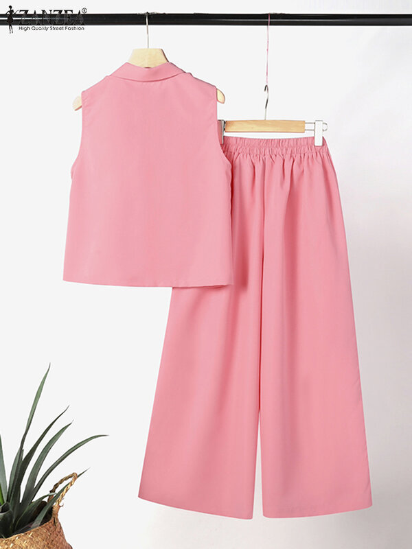 ZANZEA-Conjunto de pantalones de trabajo sin mangas para mujer, chándal elegante de 2 piezas, Tops sin mangas, pantalones, moda de verano