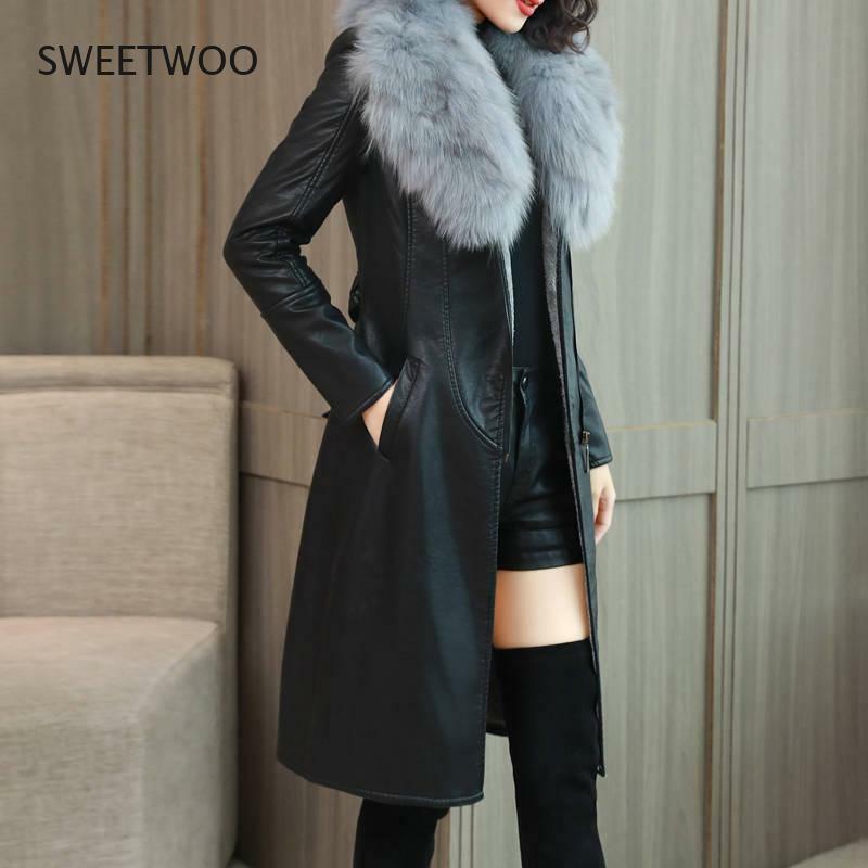 Женская зимняя куртка из ПУ кожи, с длинным рукавом и меховым воротником