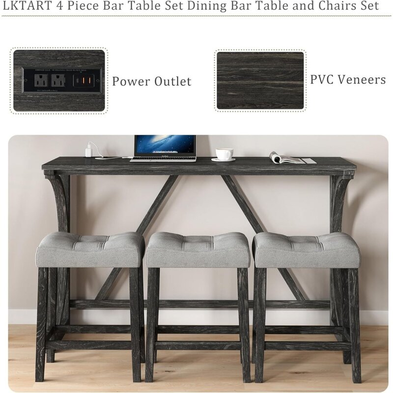 Restaurant bar table and chair set of 4 pieces, with power socket, bar table set, with 3 cushions,