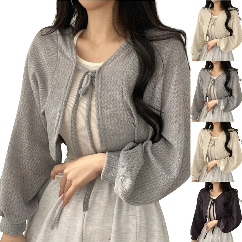 Women's Cardigan Tops Spring Autumn Crop Sweater Cardigan Jackets Fashion Retro Solid Color All-match Coat Tops With Bandage