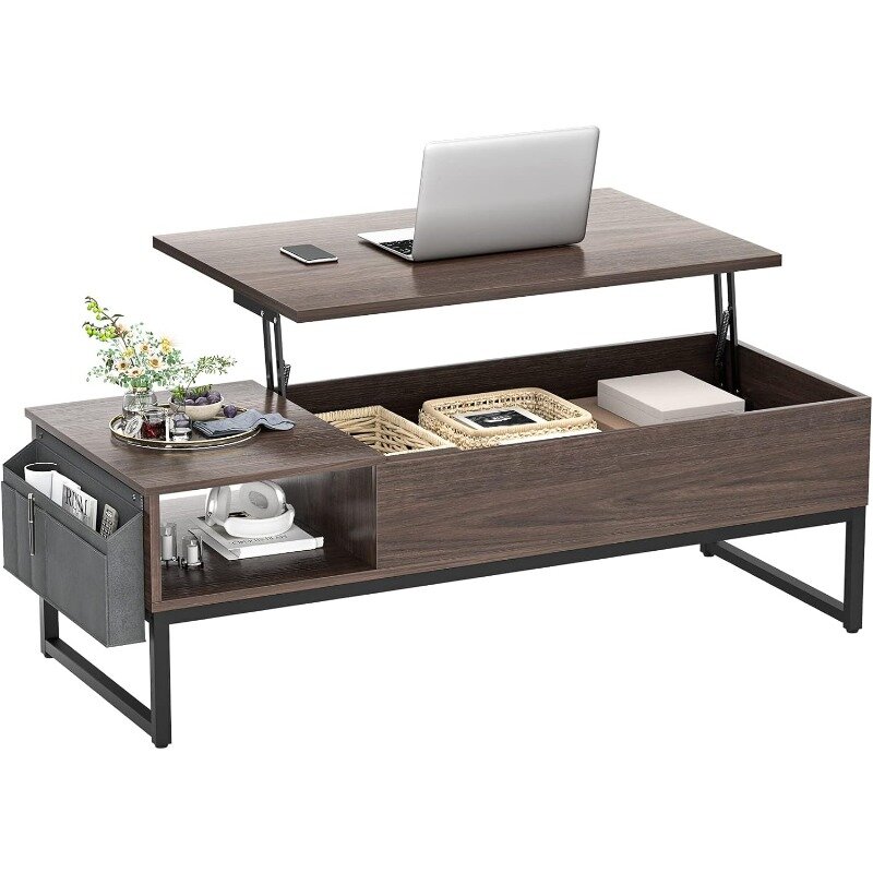 Lift Top Coffee Table with Storage, Wood Lifting Top Central Table Metal Frame, 43.3" Table with Side Pouch for Cocktail