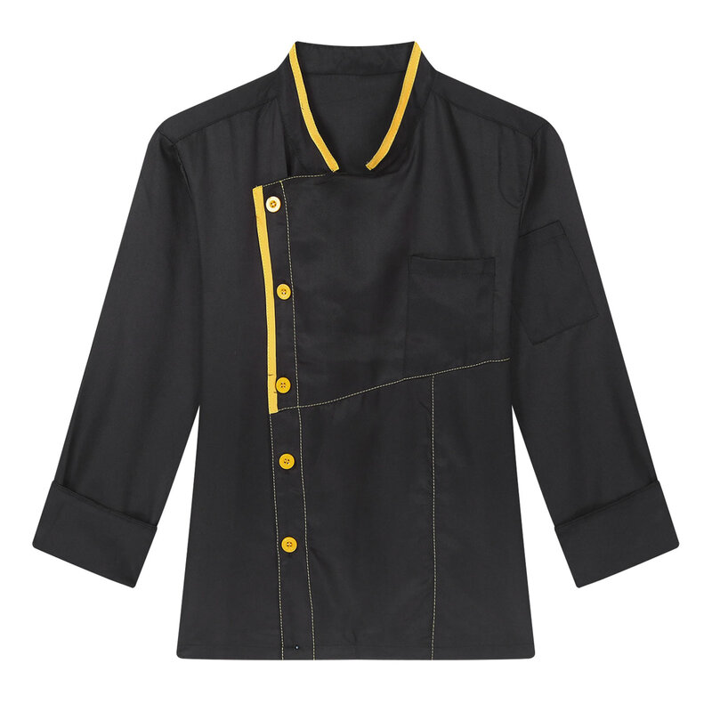 Mens Womens Contrast Color Trim Chef Jacket Unisex Stand Collar Tops Kitchen Cook Uniform with Pockets for Cooking Baking