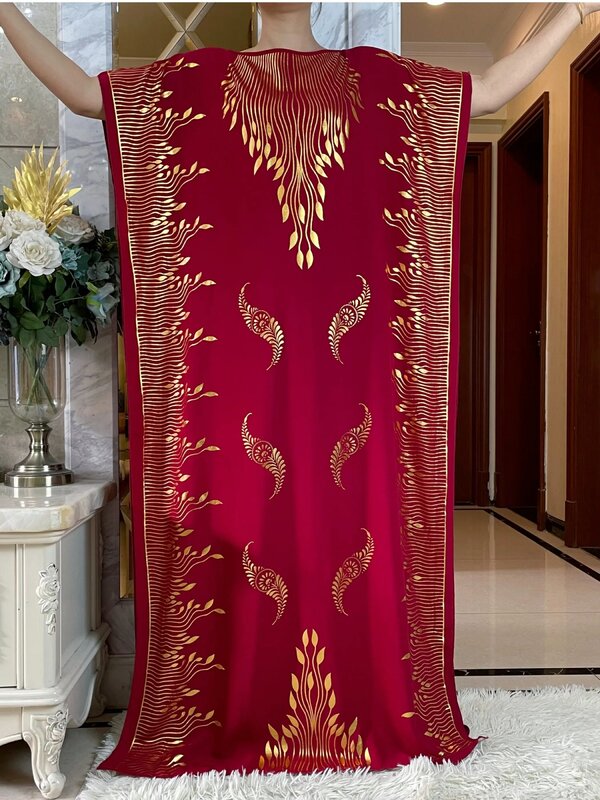 2024 nuova estate manica corta abito in cotone sciolto vestito da donna con grande sciarpa oro timbratura Boubou Maxi Islam donne Abaya africano