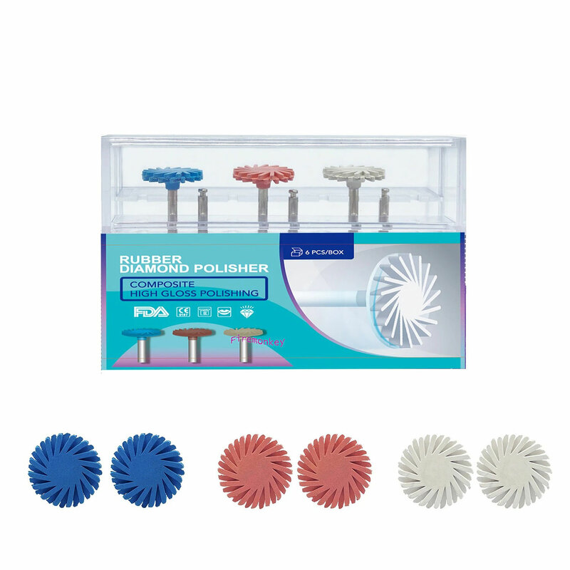 6Pcs Dental Rubber Polisher Composite Resin Polishing Disc 14mm Wheel 3 Colors Spiral Flex Brush