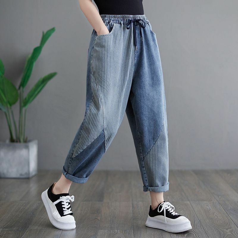 Celana panjang Haren wanita, celana panjang longgar pinggang tinggi serbaguna Panel garis vertikal seni Mode Musim Semi dan Gugur 2023