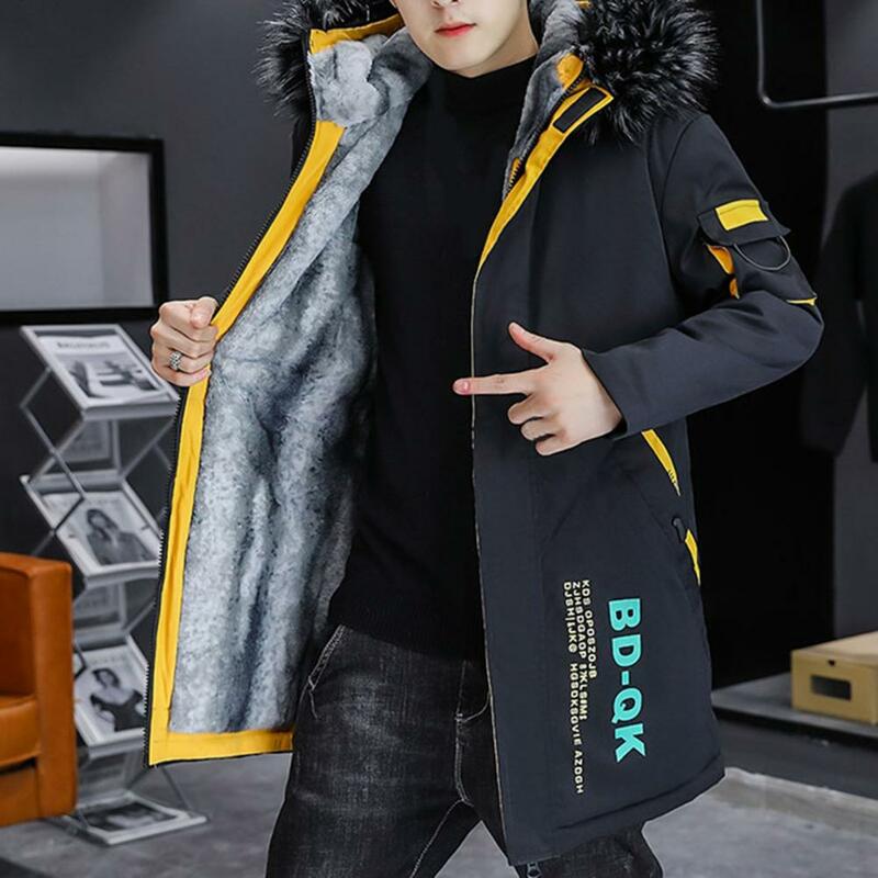 Winter Long Cotton-padded Jacket Men's Hooded Color Patchwork Jacket with Fleece Lining Warm Stylish Coat for Autumn Winter Warm