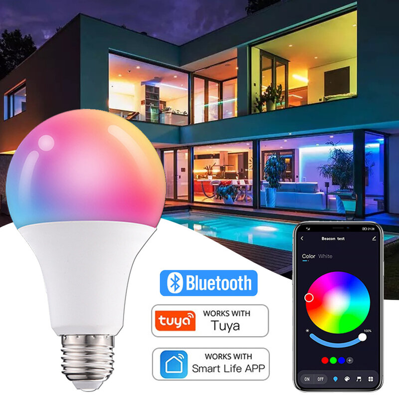 Tuya LED Bulb E27 B22 20W Smart Lamp Color Change RGB+CW+WW Dimmable Bluetooth Mesh Gateway For Home Living Room Decoration