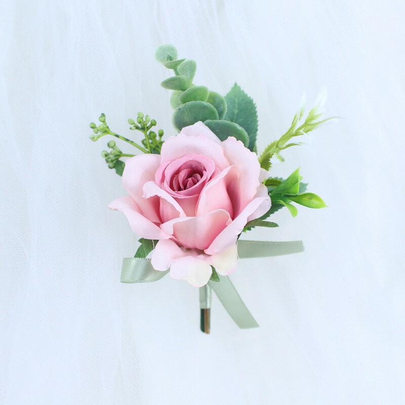 YO CHO ดอกไม้งานแต่งงานสร้อยข้อมือ Corsage ข้อมือผู้ชาย Boutonniere เจ้าสาวสายรัดข้อมือสร้อยข้อมือผู้หญิงสีชมพูประดิษฐ์ Rose