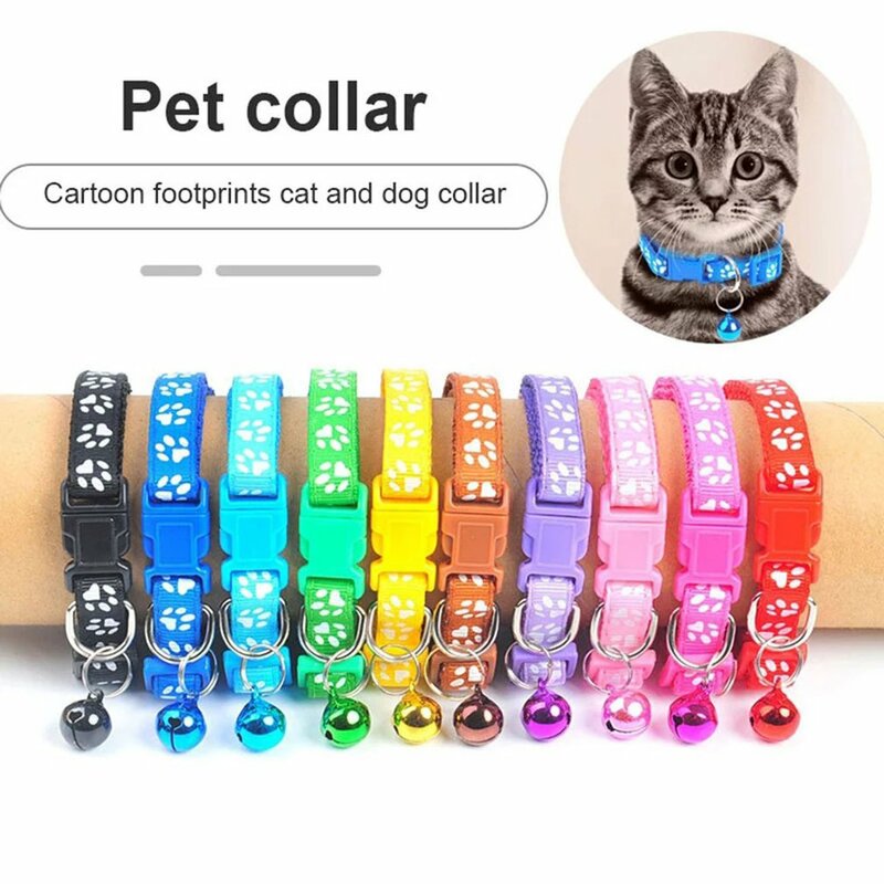 6PCS Adjustable Nylon Footprint Buckle Ribbon Cute Paw Print Necklace Pet Cat Bell Collar for Kittens Puppy Neck Straps