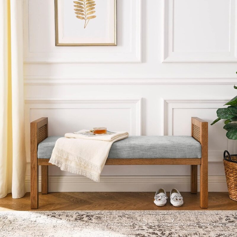 Lniana tapicerowana ławka do sypialni wyposażona w nogi z litego drewna krzesło dla dzieci rattanowa tkana siatka stołek dziecięcy meble