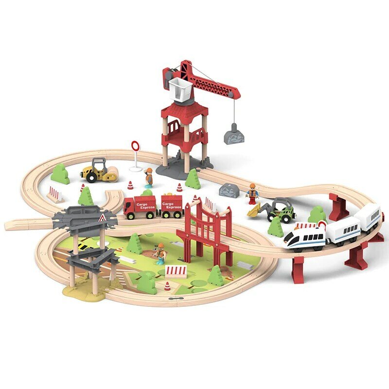 子供のための木製の都市工学テーマの列車セット,電気スプライスのトラック,教育用ビルディングブロック,組み立てられたおもちゃ,車