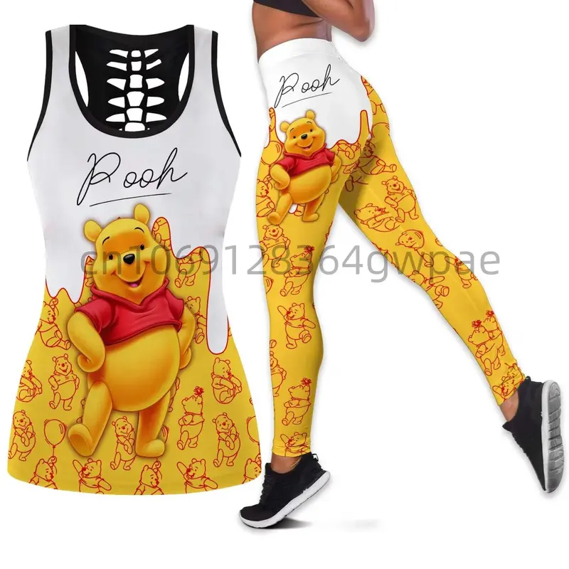 Winnie the Pooh-Camiseta sin mangas recortada para mujer, conjunto de mallas de Yoga, Leggings de Fitness, chándal de Disney, camiseta sin mangas hueca, Leggings de verano