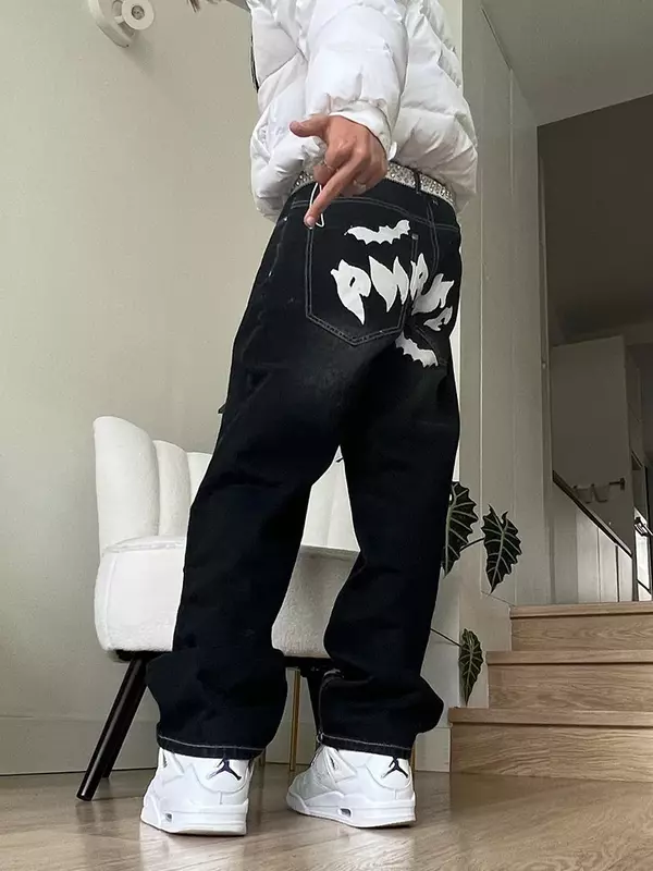 New Jeans Y2K Bat Pattern Printing Retro Hip-Hop Male Harajuku Casual Loose Couple Straight Joker High-Waisted Denim Trousers
