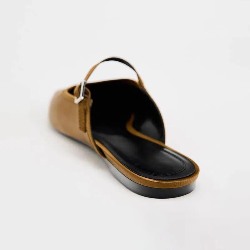 TRAF sandal Mules datar untuk wanita 2024 Autunm kepala persegi gesper tali sandal baru wanita santai serbaguna sepatu Falt hitam Shoes