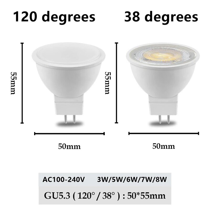 Refletor LED interior para casa, ângulo de feixe, lâmpada de poupança de energia, luz de mesa, MR16, GU5.3, 220V, AC 110V, AC 12V, 3W-8W, 38 graus, 120 graus