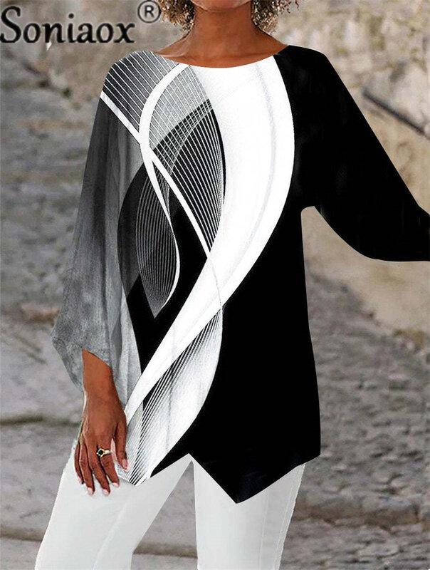 Elegante Zoete Stijl Negen-Kwart Mouw Losse T-shirt Vrouwelijke Mode 3D Print Tops O Hals Casual Onregelmatige Tees Vrouwen kleding
