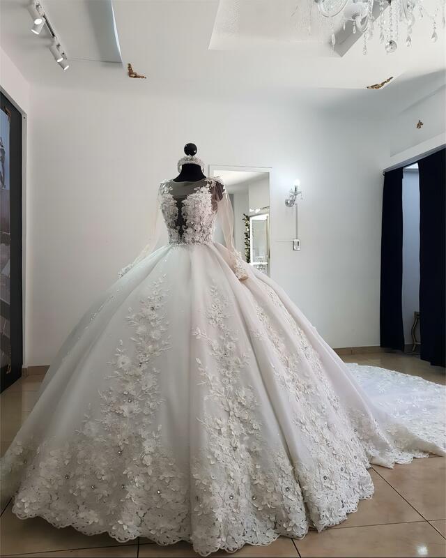 Disesuaikan 3D bunga ilusi korset lengan penuh gaun pernikahan applique Glitter Tulle renda Kereta bola gaun untuk pengantin