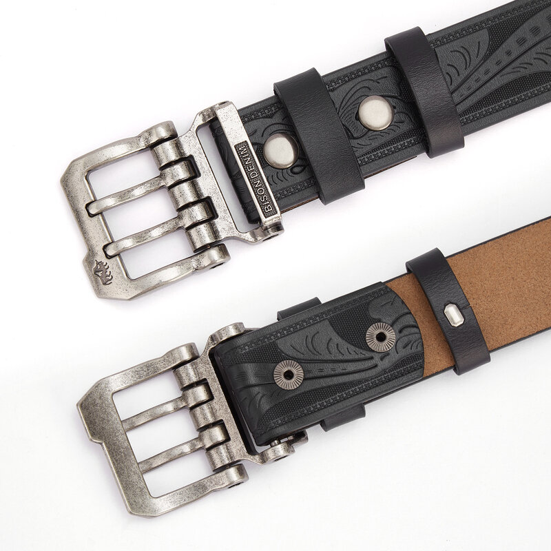 BISON-cinturones de mezclilla para hombre, correa de cintura de cuero genuino dividido de vaca, de negocios, Retro, elegante, 2023