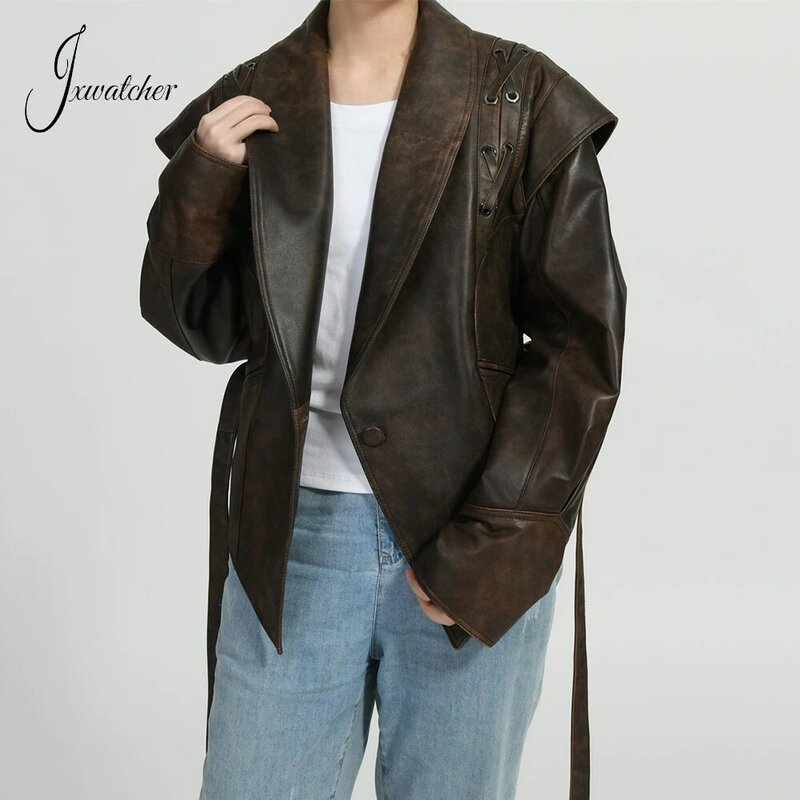 Jxwatcher giacca da donna in vera pelle cintura sottile cappotto in pelle di pecora donna primavera elegante giacca in vera pelle nuovo arrivo autunno