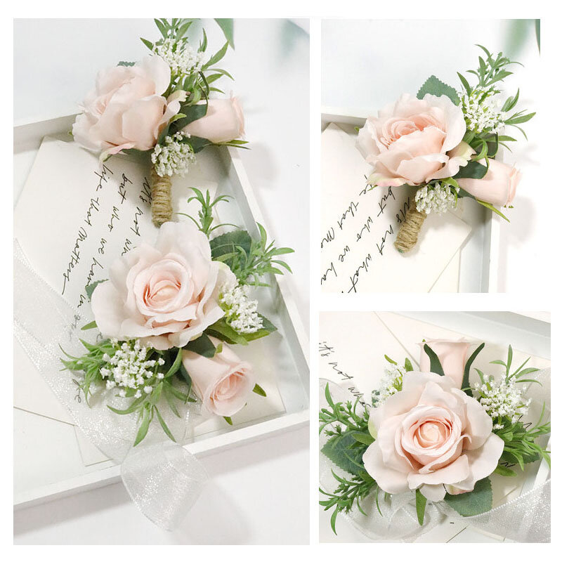 Bracelet à fleurs de mariage, Corsage de demoiselle d'honneur, fleurs faites à la main, Rose artificielle en soie, accessoires de décoration pour bal de mariage