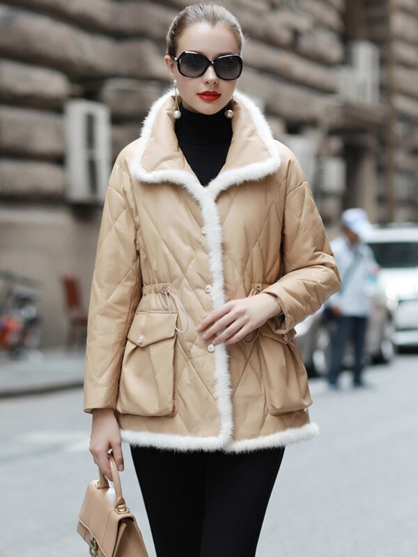 Europeu de pele carneiro couro camurça para baixo casaco vison pele aparar feminino jaqueta fina outerwear casaco lf2327bm
