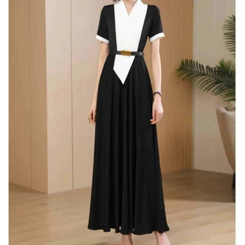 2024 Summer New Ladies Temperament Fashion Slim Contrast Stitching Knee-Length Dress Ladies Plus Size Big Dresses Vestidos 5XL