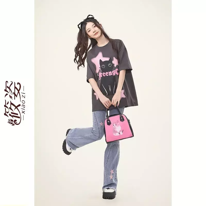 Kaus Wanita Bintang Kucing Katun Harajuku Kaus Longgar Musim Panas 2023 Kaus Longgar Atasan Kasual Gotik untuk Wanita Atasan Y2k Korea Gotik
