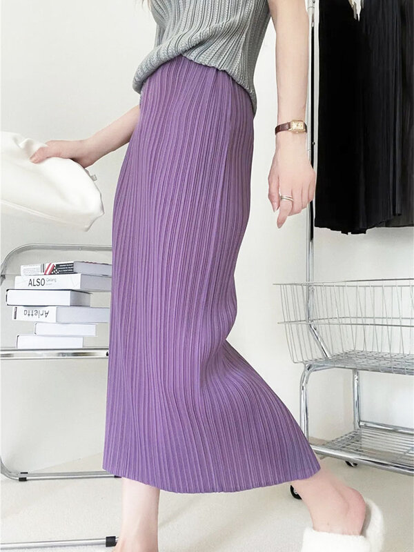 Miyake-Media Falda plisada para mujer, Falda plisada prensada, Color sólido después de la apertura, longitud media, Color sólido, verano 2024