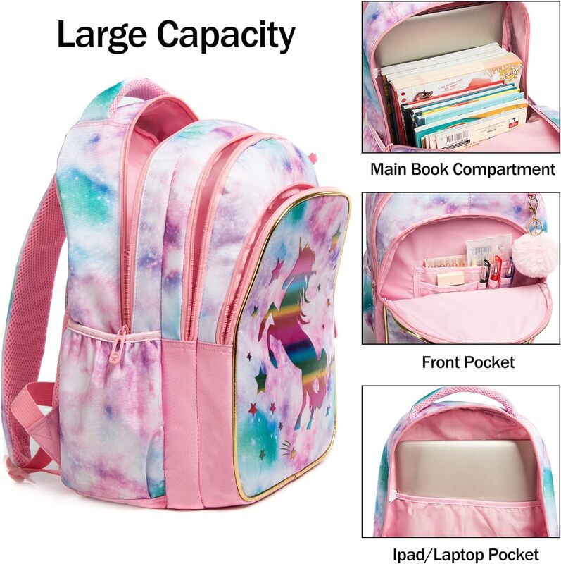 어린이 학교 배낭 귀여운 학교 가방, 여아용 책가방, 초등 유치원 학생용 여행 가방, 도시락과 펜백 포함