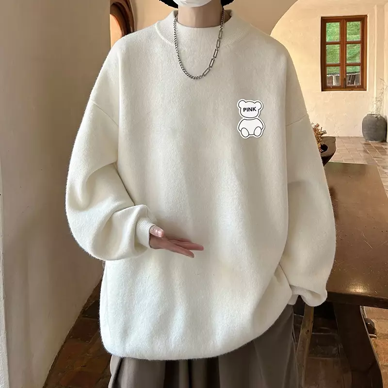 Men's Oversized Sweaters White Autumn 5XL Knitted Sweater Fashion Bear Print Casual Wear for Man Knit Pulloves Men Clothes