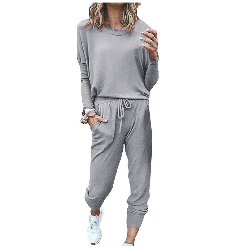Women Fashion Round Neck Solid Color Long Sleeve Pullover And Bandage Loose Feminine Pants Leisure Trendy Simplicity Sweatsuits