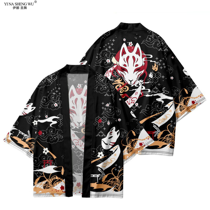 Cardigan Kimono noir pour hommes et femmes, Haori japonais Wave, manteau imprimé carpe renard, vêtements traditionnels japonais