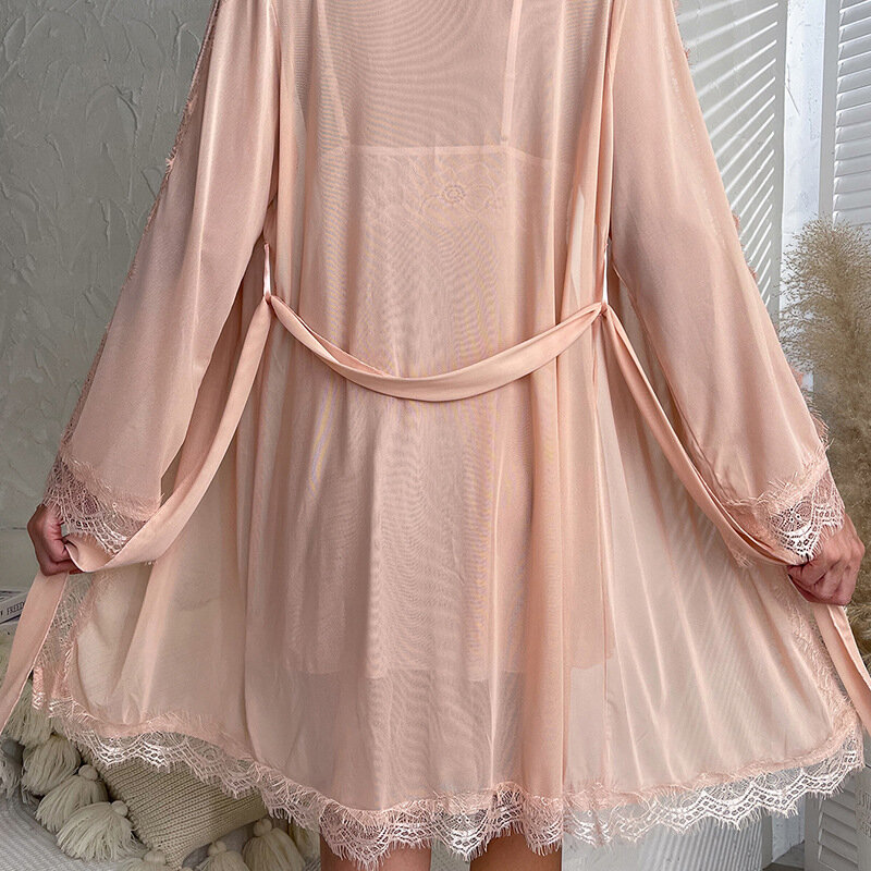 Sexy lingerie bathrobe mesh eyelashes lace nightgown sexy nightgown lace set