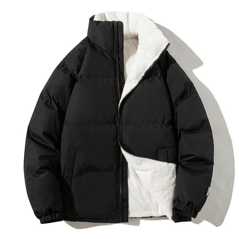 Jaket musim dingin hangat tebal pria, mantel musim dingin Solid longgar, kerah berdiri, pakaian luar parka Harajuku 2023