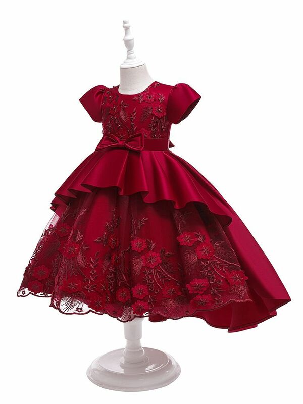 4-9Y Girls Wedding Party Dress Fashion O-Neck Puff Short Sleeve Embroidery Performance Clothing Birthday Evening Trailing Gown