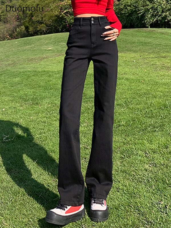 Duomofu Джинсы женские прямые с завышенной талией, узкие базовые Длинные свободные модные однотонные джинсы на молнии, черные, Chicly, на весну