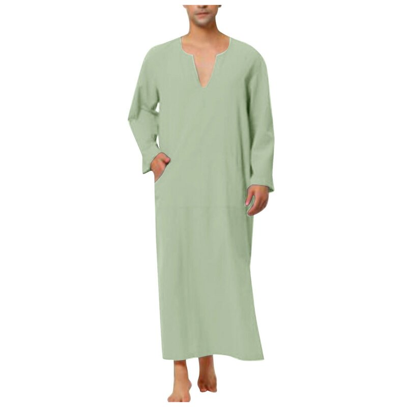 Muslim tradisional Jubba Thobe pria kemeja lengan panjang jubah Linen mode Muslim set pakaian Islami Dubai Kaftan Arab jubah