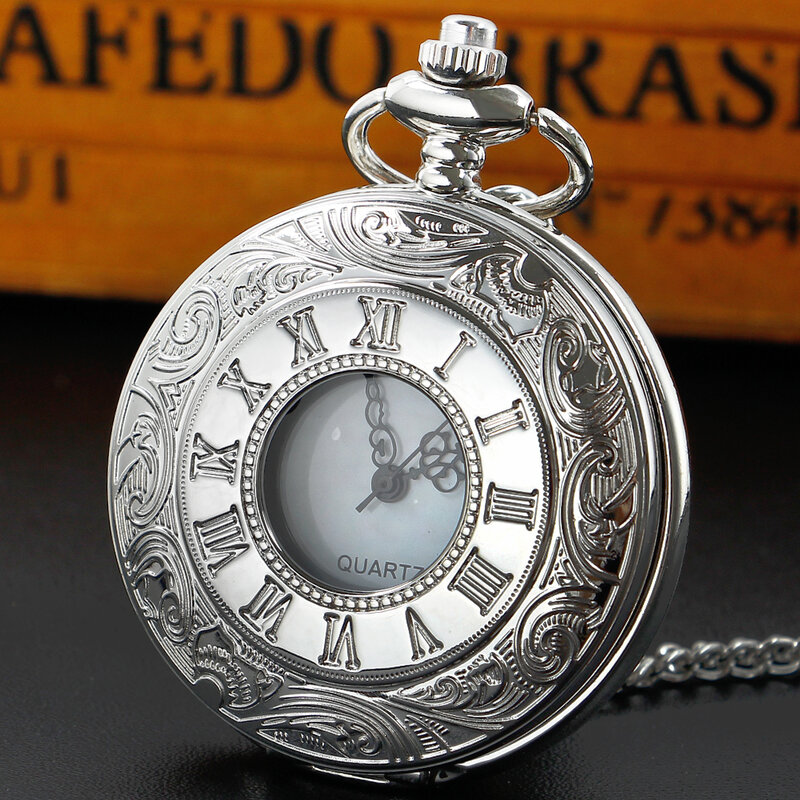 Reloj de bolsillo de cuarzo a escala romana de plata, esfera blanca Punk Retro, reloj FOB, collar con cadena, regalos