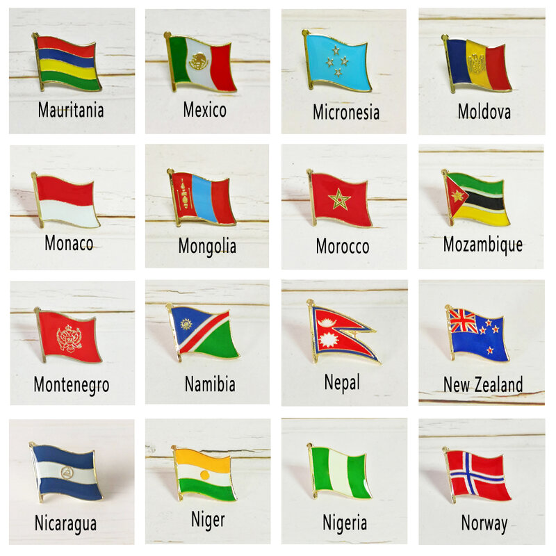 Quốc Kỳ Kim Loại Lapel Pin Quốc Gia Huy Hiệu Tất Cả Thế Giới Mauritius Mexico Monaco Maroc Montenegro Nepal Nigeria Na Uy Niger