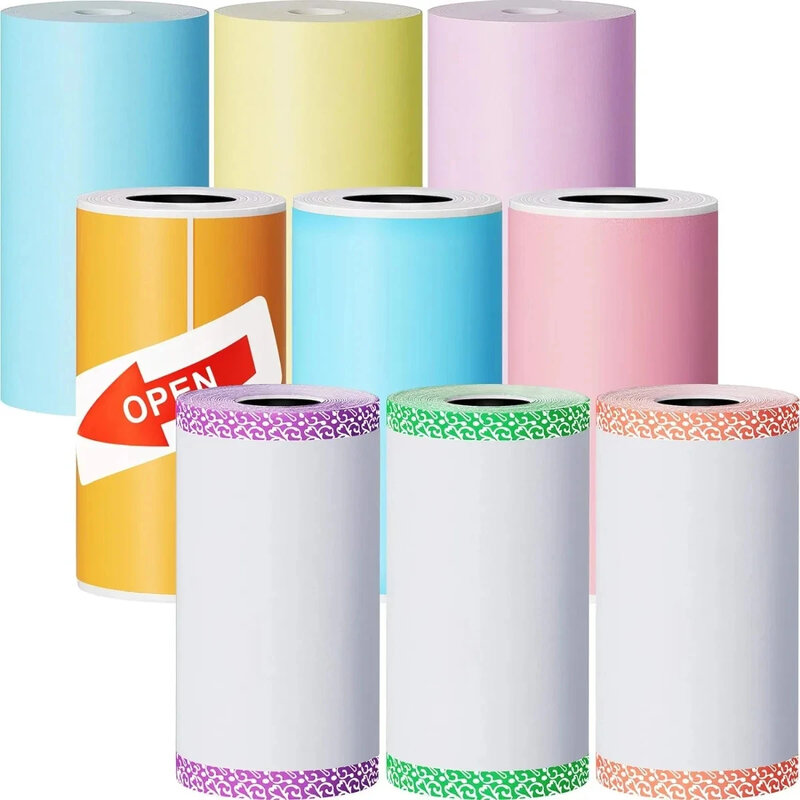 Kertas cetak Mini warna-warni 9 buah gulungan kertas Printer termal dan stiker cetak berperekat untuk Printer termal portabel
